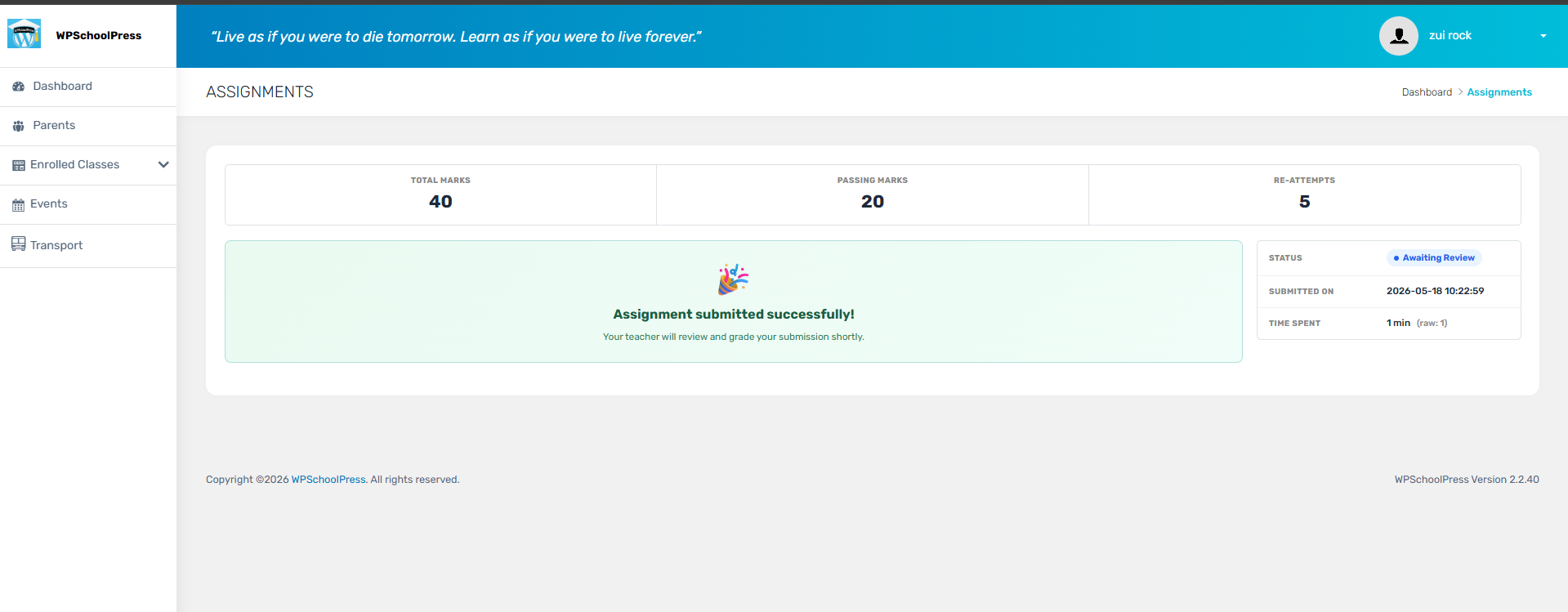 Assignment submission page