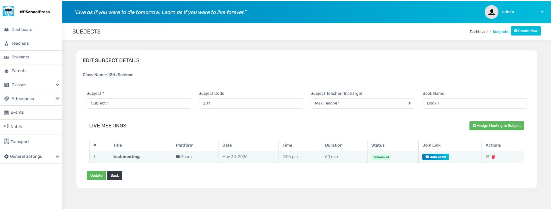 Edit subject details