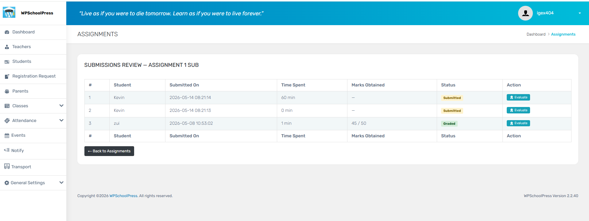 Assignment Evalute Admin
